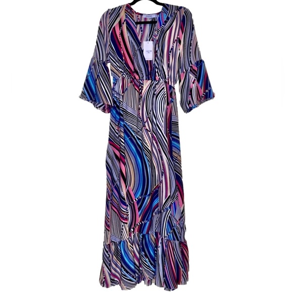 Literally Off The Runway - Bold Stripes V Neck Bell Sleeve Maxi Dress - Picture 2 of 5